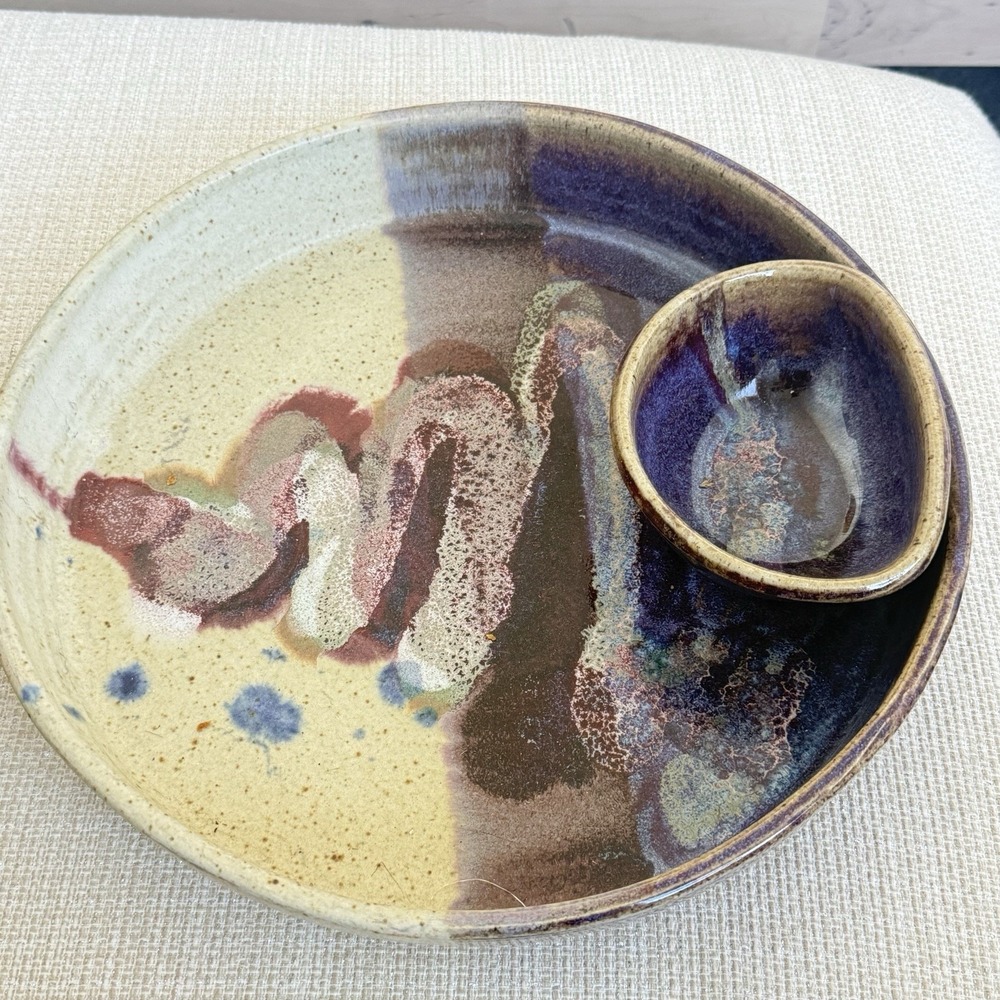 VTG Bruce Larrabee Chip & Dip Platter Studio Pottery Signed Artsy Entertain